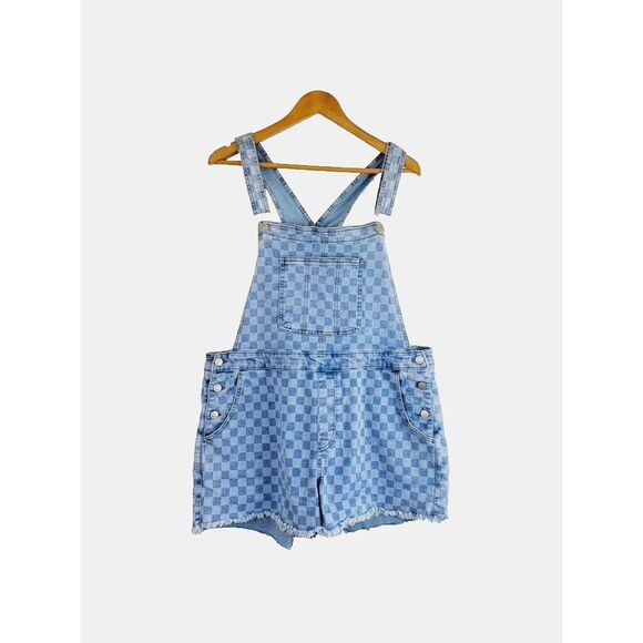 NO BOUNDARIES Denim Boyfriend Overalls Checkered Blue Juniors XL (15-17) - Picture 1 of 10